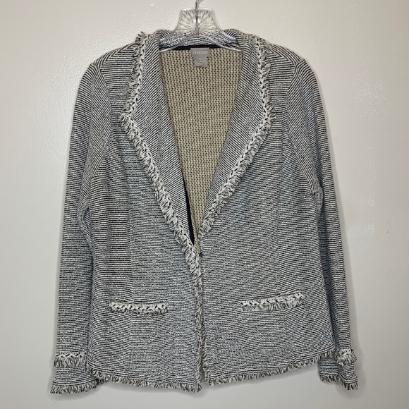CHICO’S Blazer Black & Cream BOHO Single Breasted Fringe Trim Unstructured 8 - Picture 1 of 16